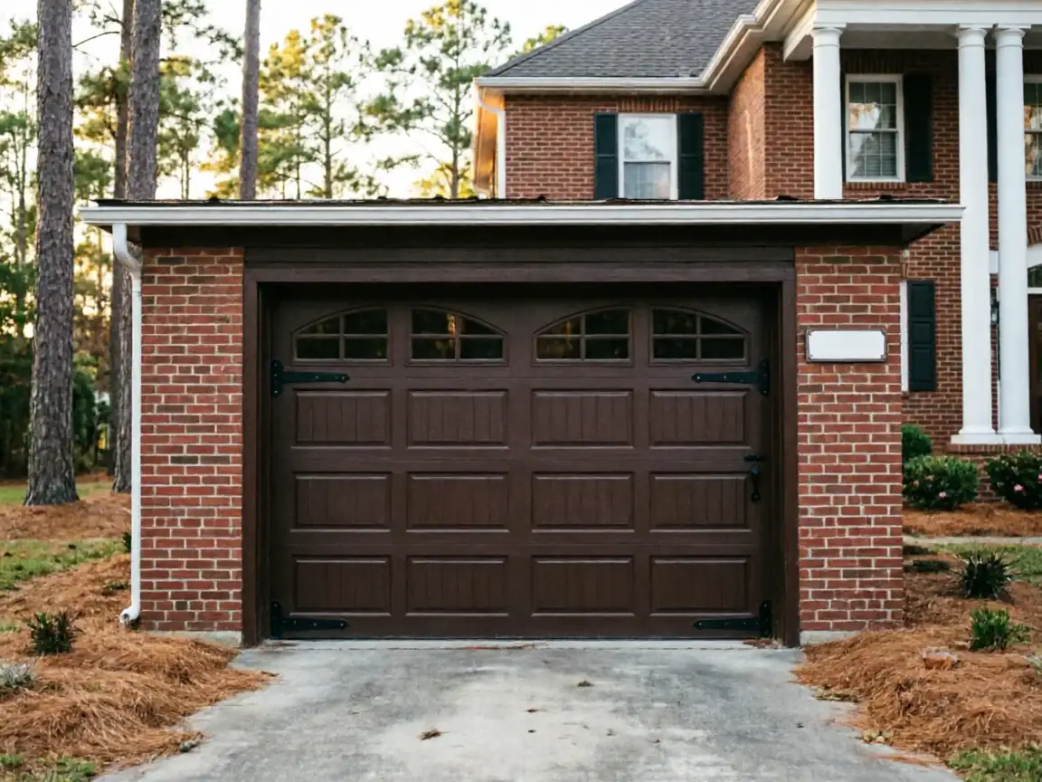 A brown garage door with windows on a brick house.
