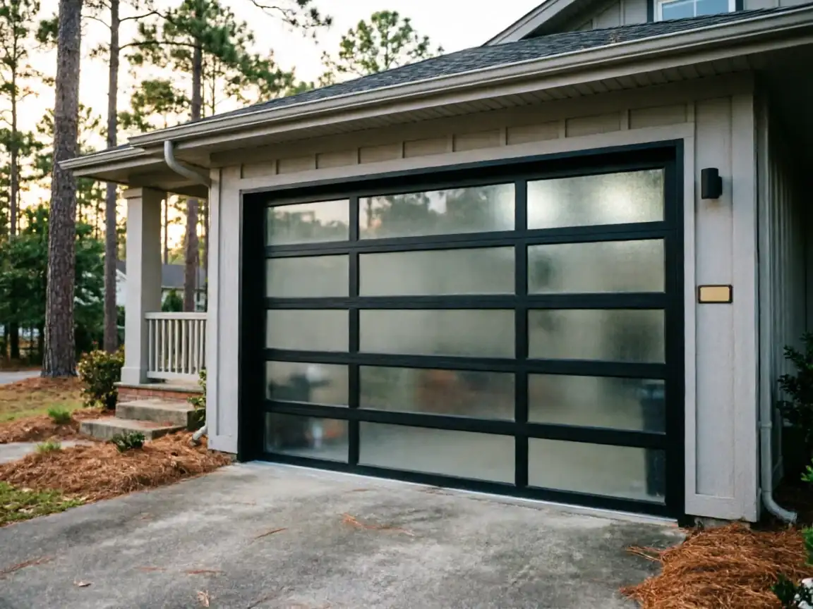 The garage door is black with frosted glass panels.