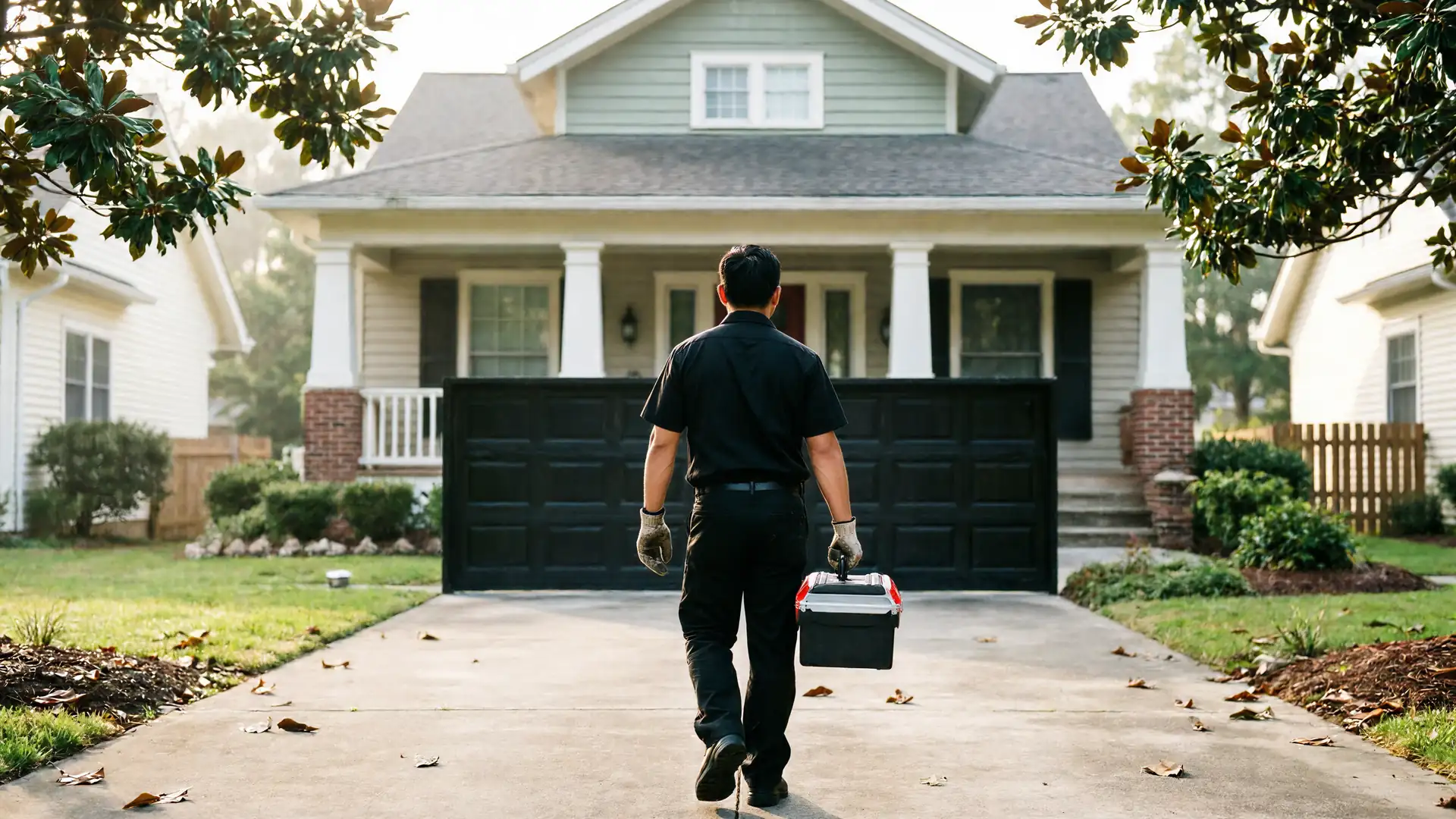 A technician walks toward a house with a black garage door, carrying a toolbox.