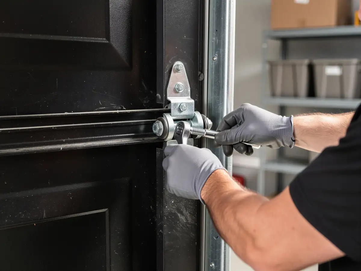 A technician in gray gloves adjusts a garage door roller with a wrench.