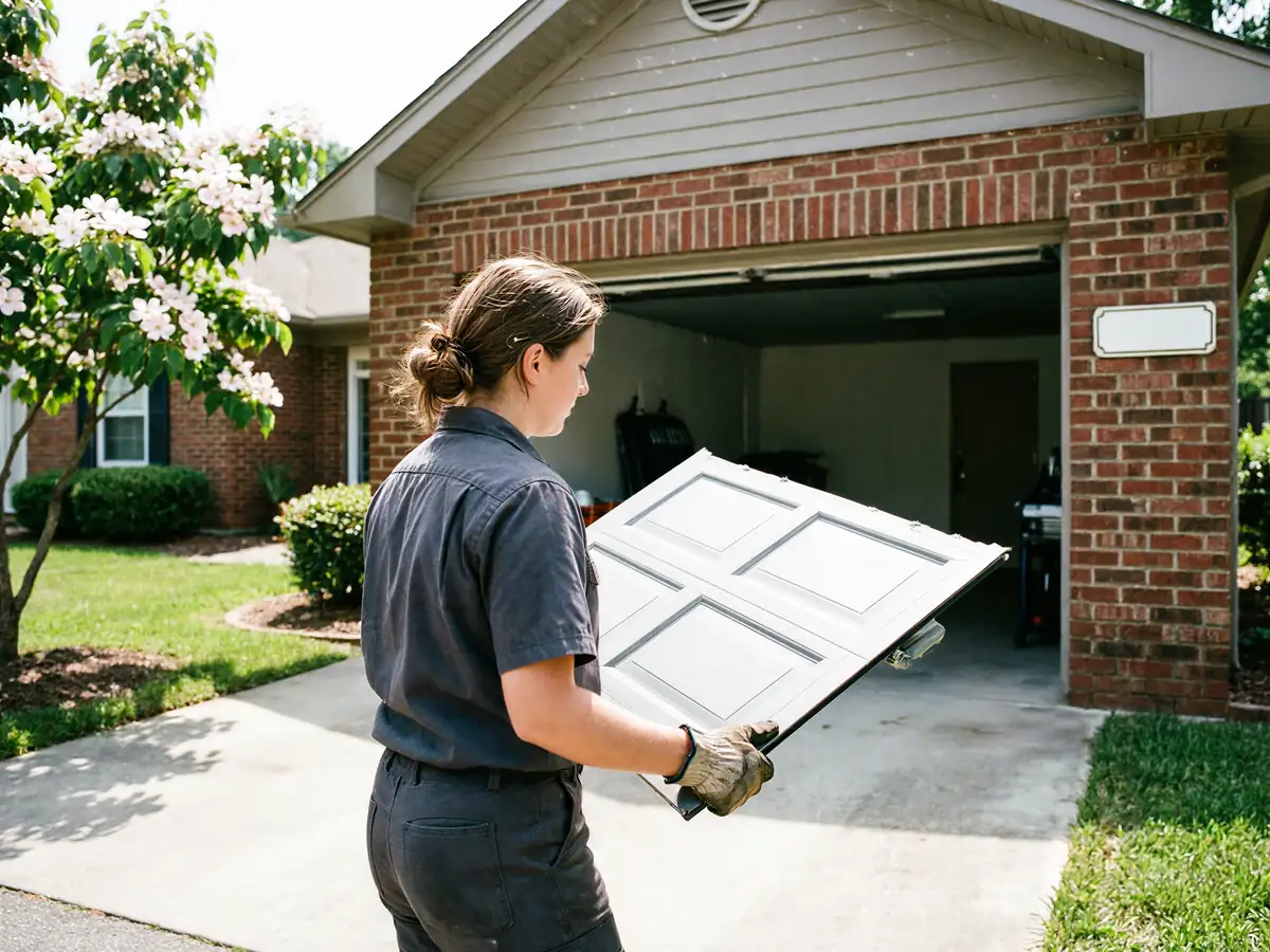 A technician carries a white garage door panel toward an open garage.