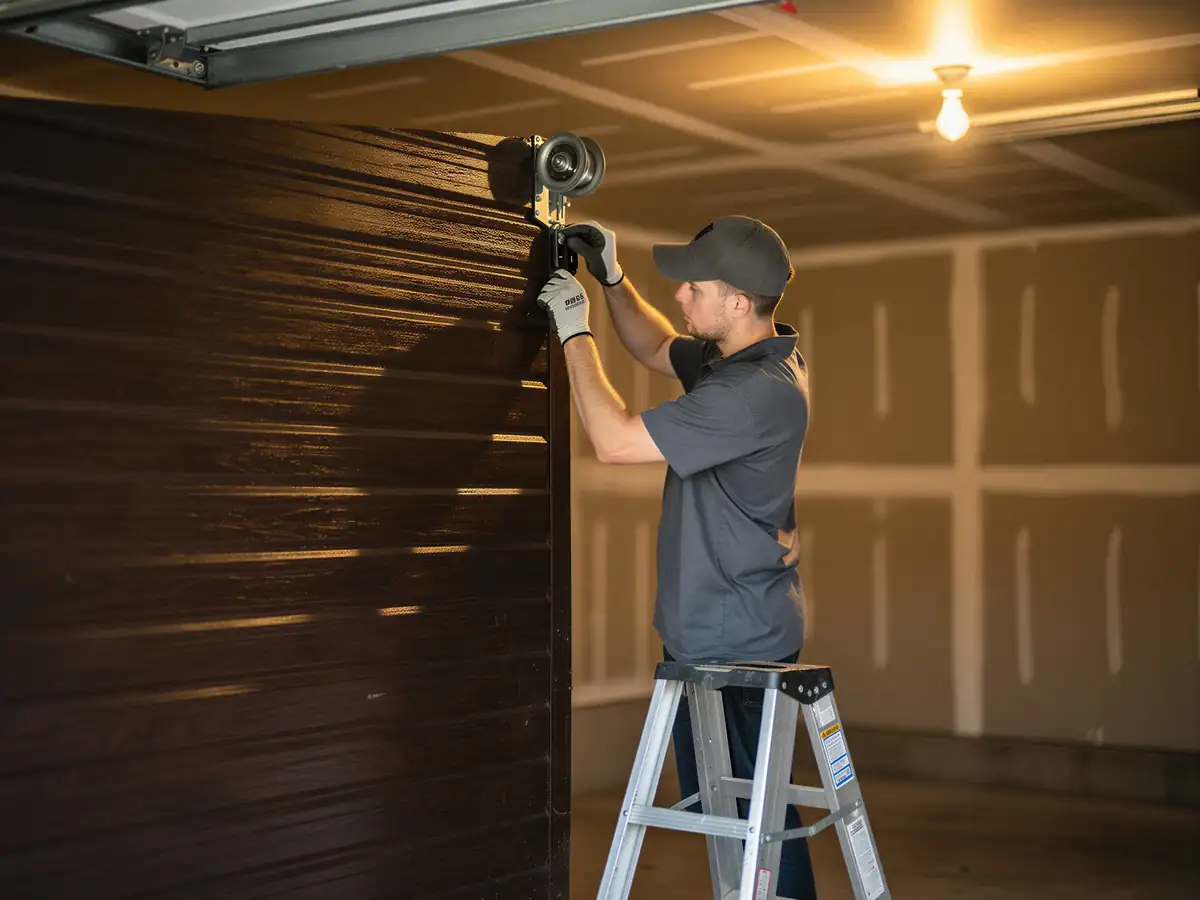 A technician on a ladder adjusts a roller on a dark brown garage door.
