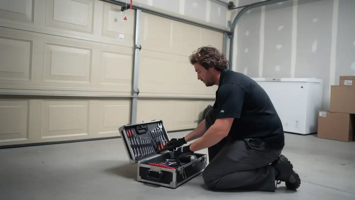 A technician kneels in a garage, reaching into an open toolbox.
